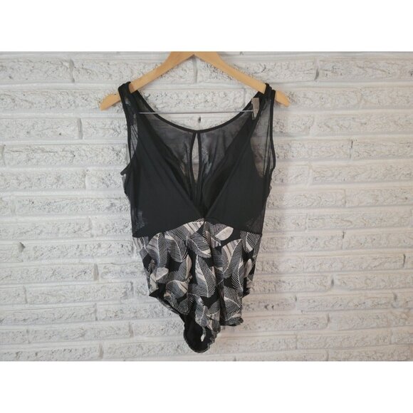 Time Tru Womens Swimsuit XL One Piece Black White Floral Mesh Plunge FLO335E - Picture 5 of 11